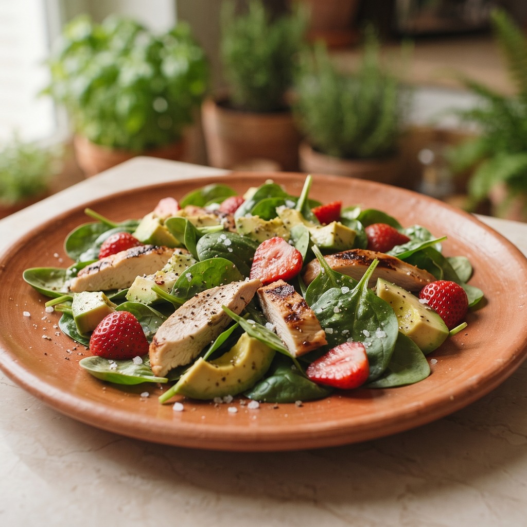 Salade épinards, poulet, avocat et fraises