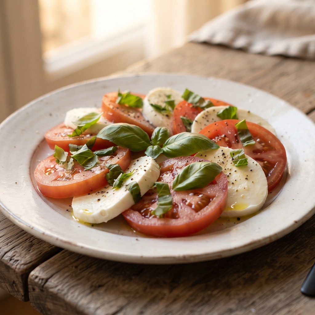Mozzarella et tomate en tranches, basilic frais