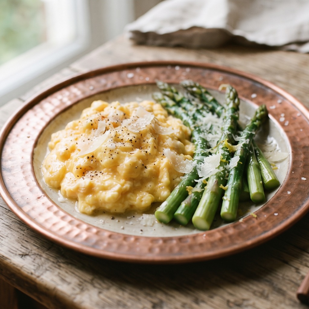 Œufs brouillés, asperges vapeur et parmesan