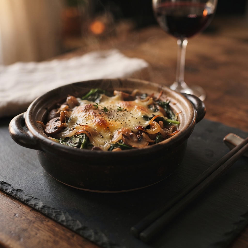 Gratin d'épinards, champignons et cheddar