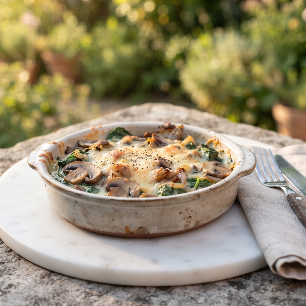 Gratin d'épinards, champignons et cheddar