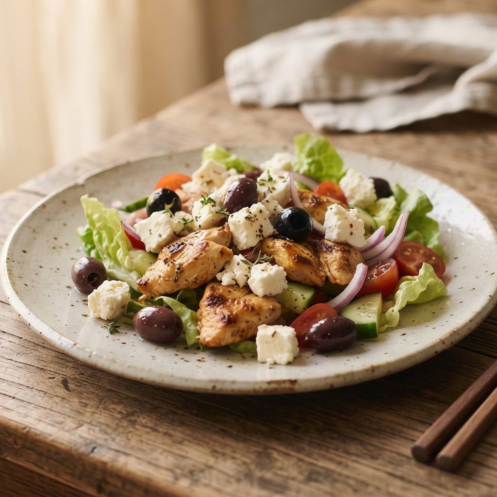 Salade de poulet mariné, feta et olives