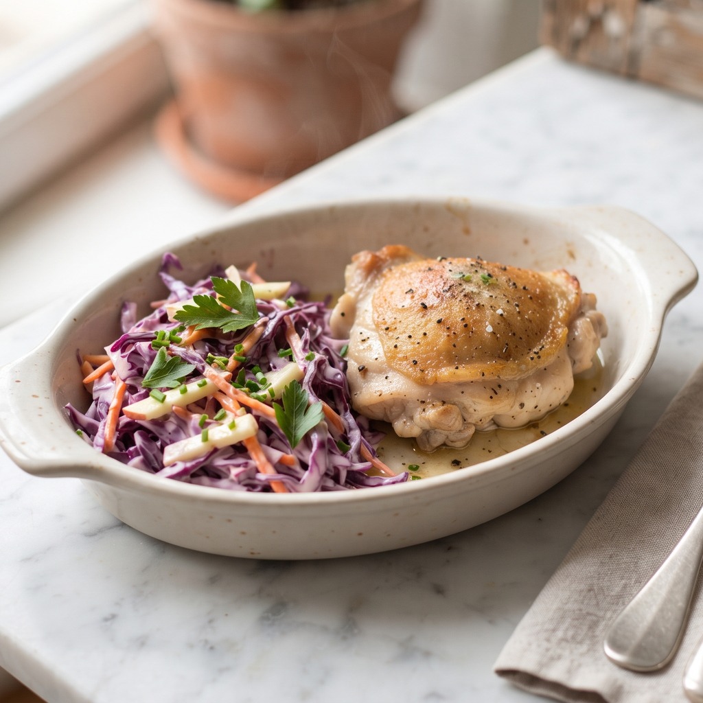 Poulet poêlé et salade de chou rouge