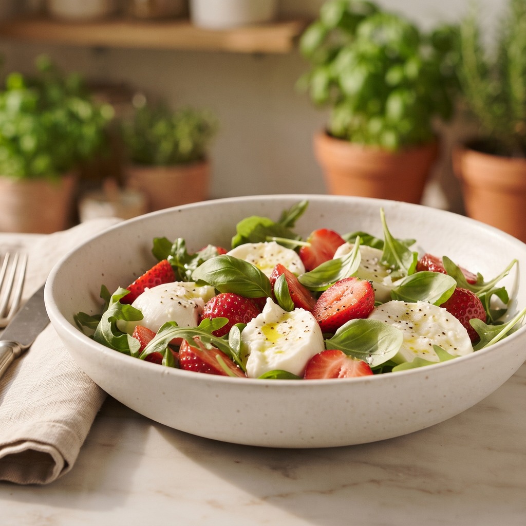 Assiette fraîcheur mozzarella, fraises et basilic