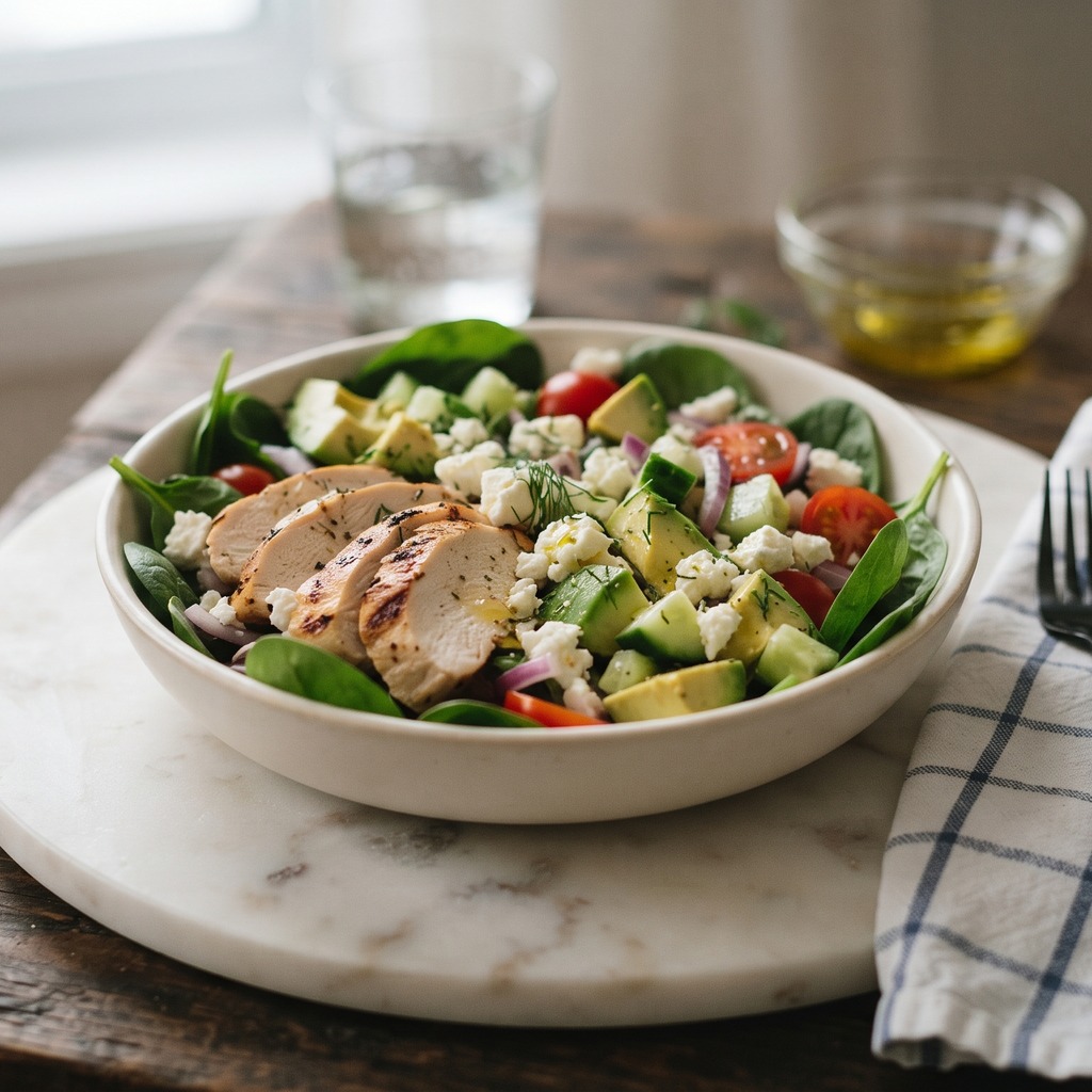 Salade feta, épinards, poulet grillé et avocat