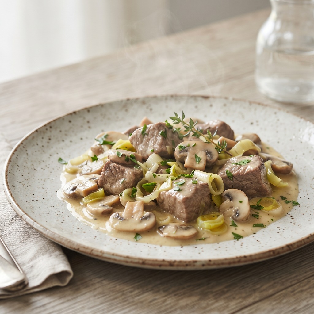 Blanquette de veau allégée, champignons et poireau