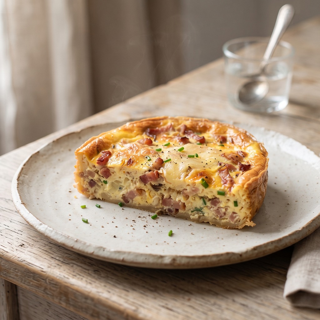 Quiche sans pâte, lardons et comté