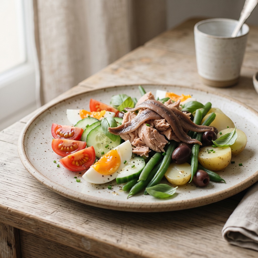 Salade niçoise, thon et anchois