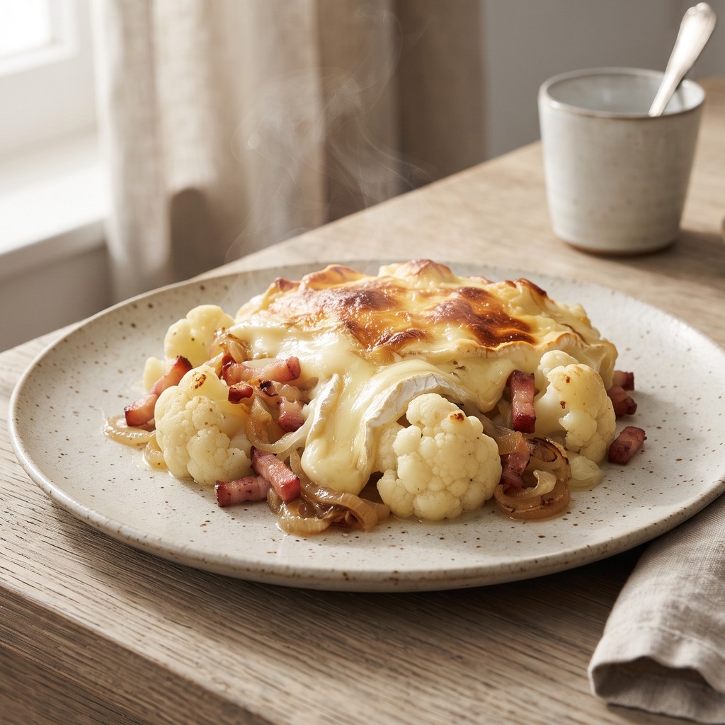 Tartiflette au chou-fleur, reblochon et lardons