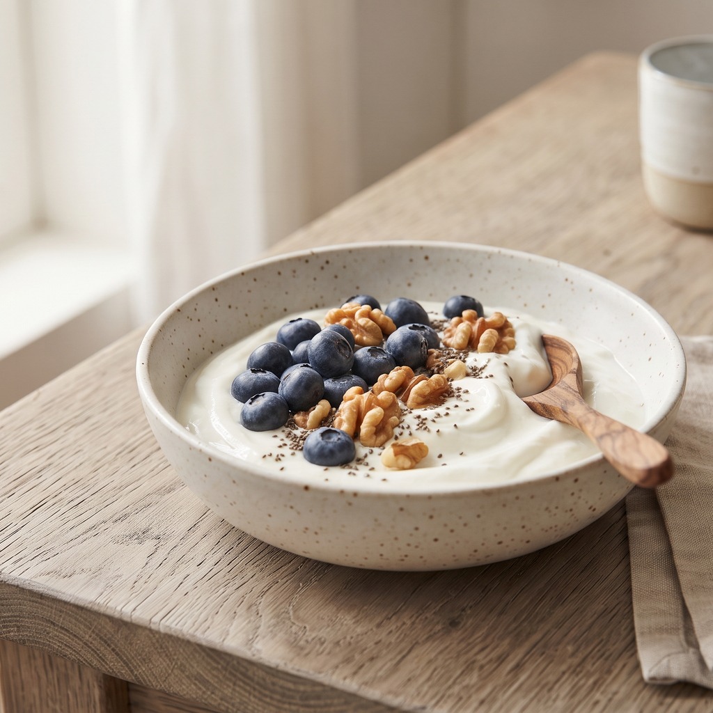 Bol de yaourt grec, noix et graines de chia