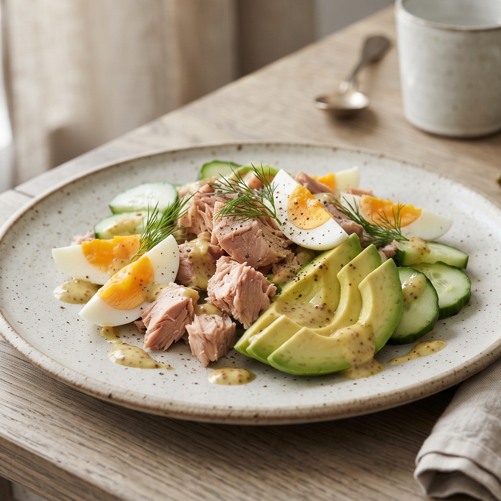 Salade de thon, avocat et œuf dur, vinaigrette moutarde