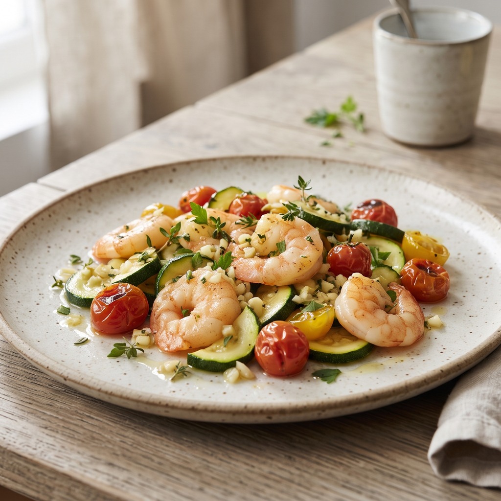 Poêlée de crevettes à l'ail, courgettes et tomates cerises