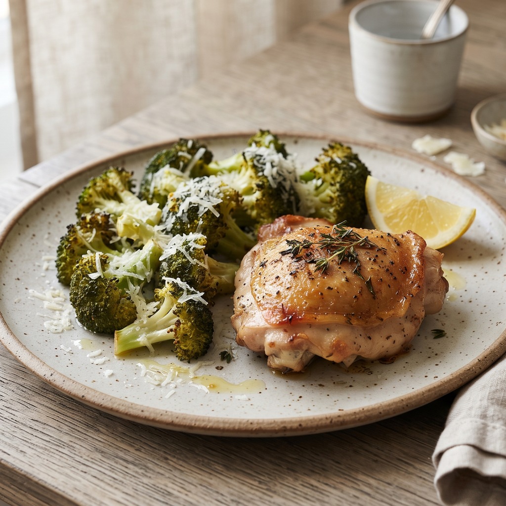Cuisses de poulet rôties, brocoli et parmesan