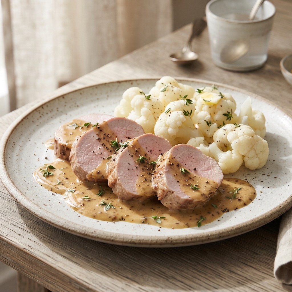 Filet de porc à la moutarde et au thym, chou-fleur vapeur
