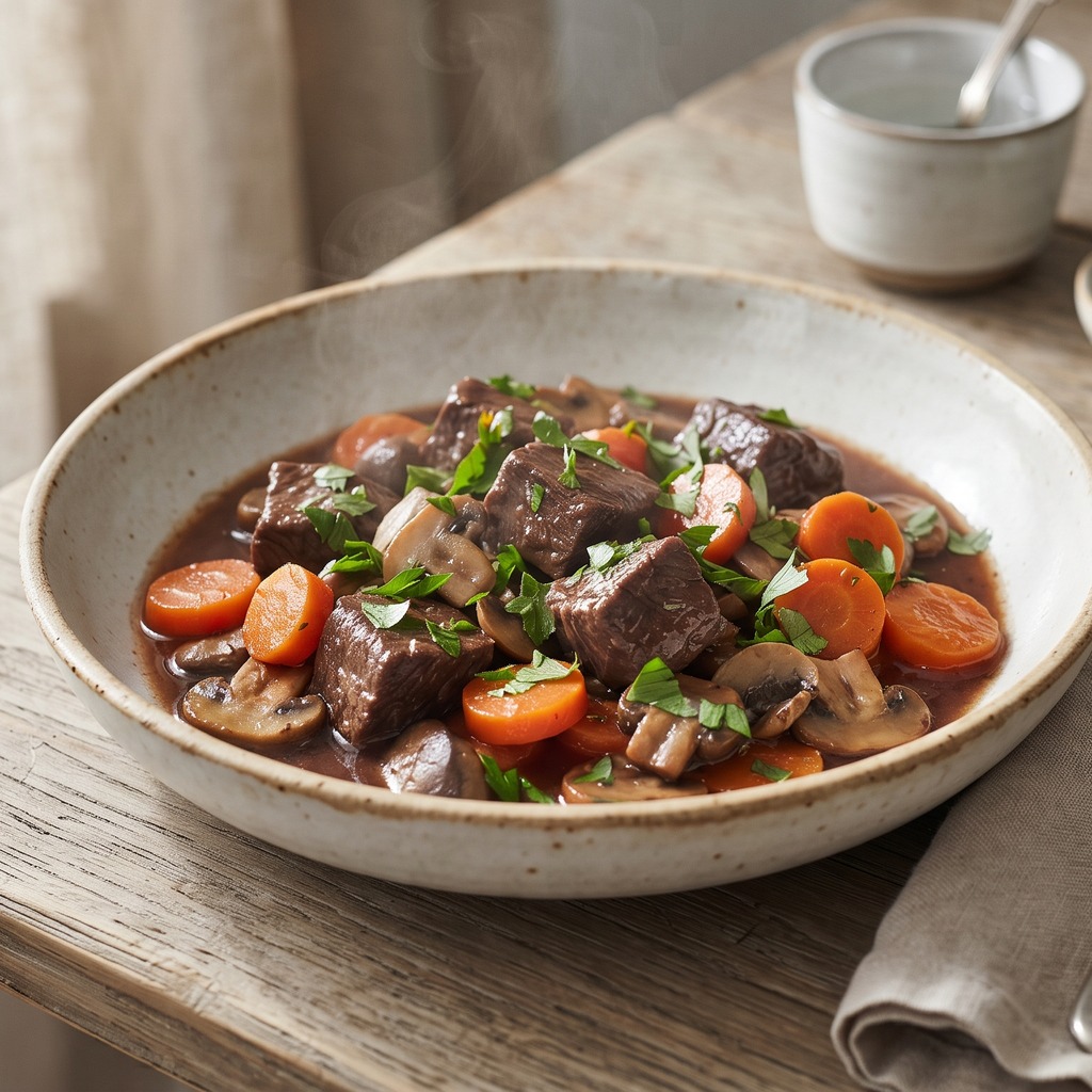 Bœuf bourguignon allégé, carottes et champignons