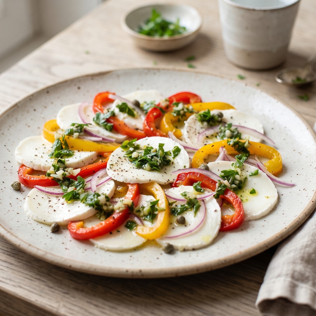 Carpaccio de chèvre frais, poivrons et persillade