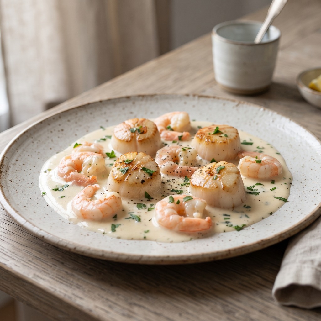 Coquilles Saint-Jacques et crevettes à la crème