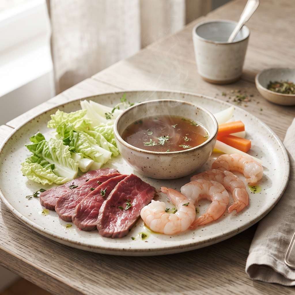 Fondue chinoise, bœuf et crevettes