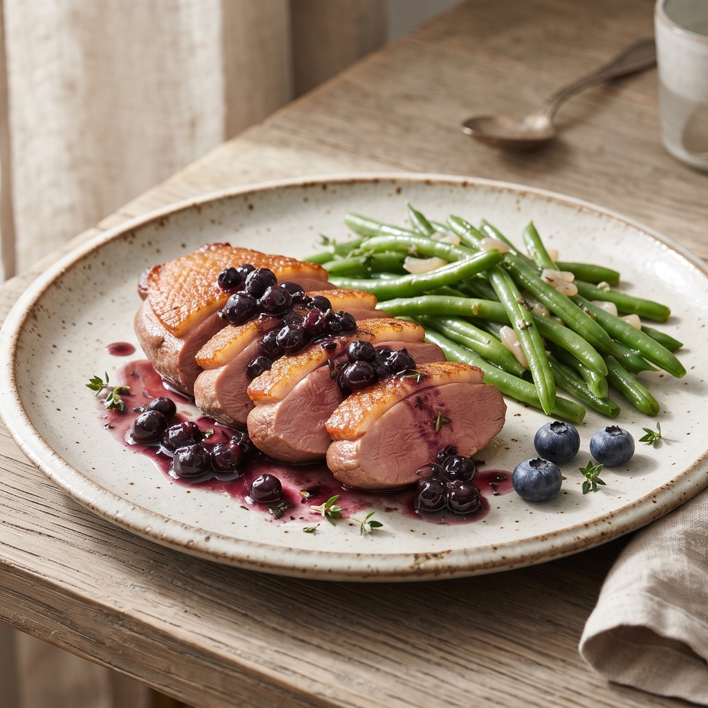 Magret de canard poêlé, sauce aux myrtilles