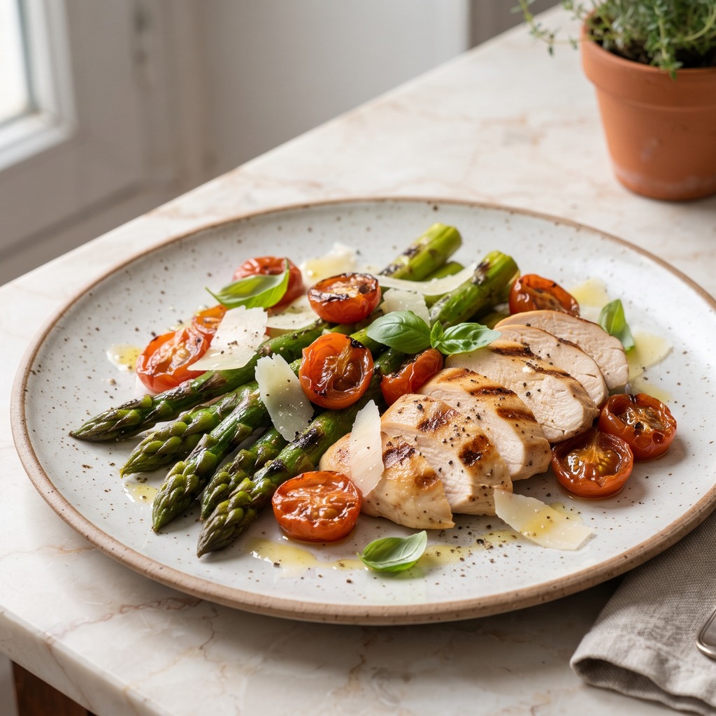 Salade d'asperges vertes, parmesan, tomates confites et poulet