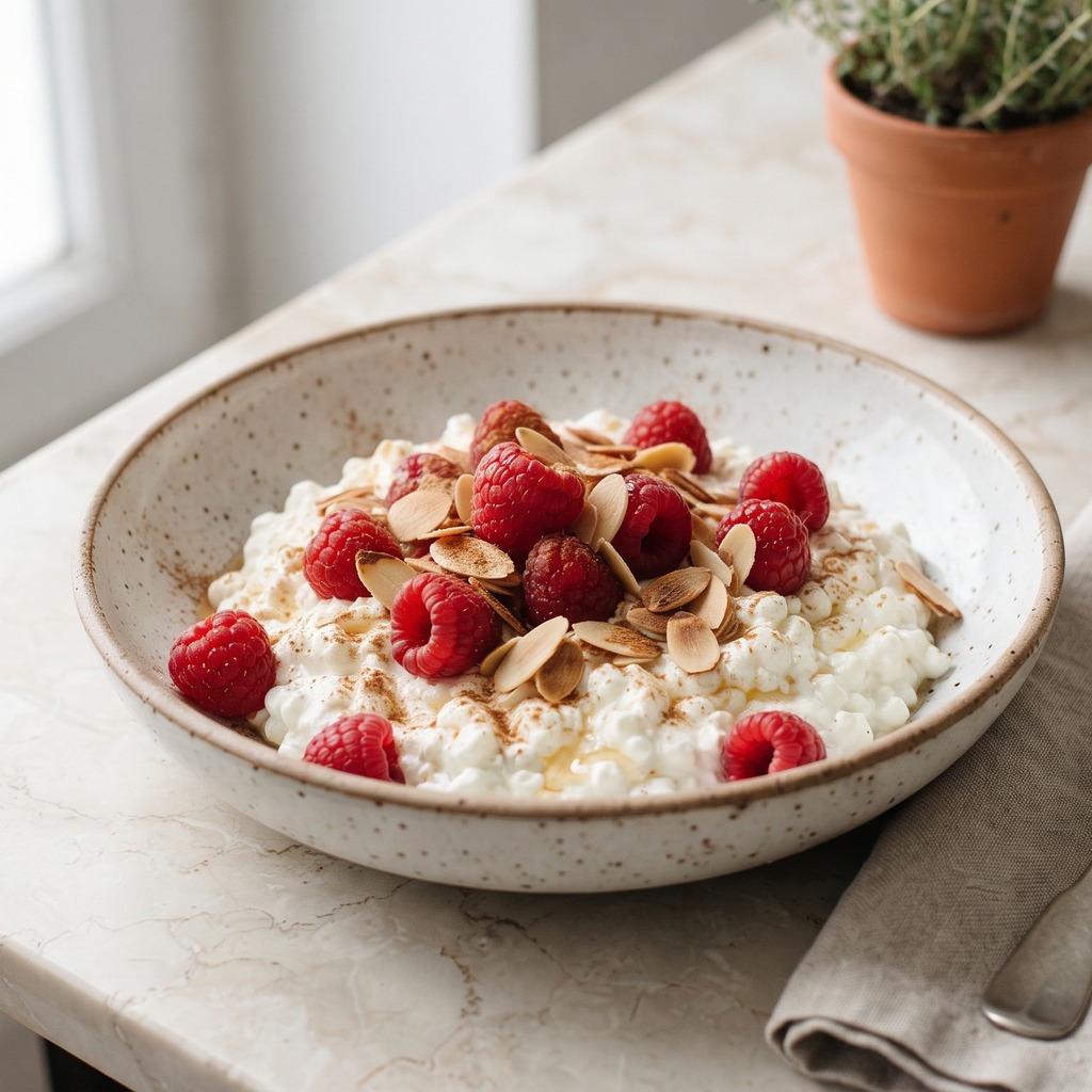 Fromage cottage, framboises et amandes