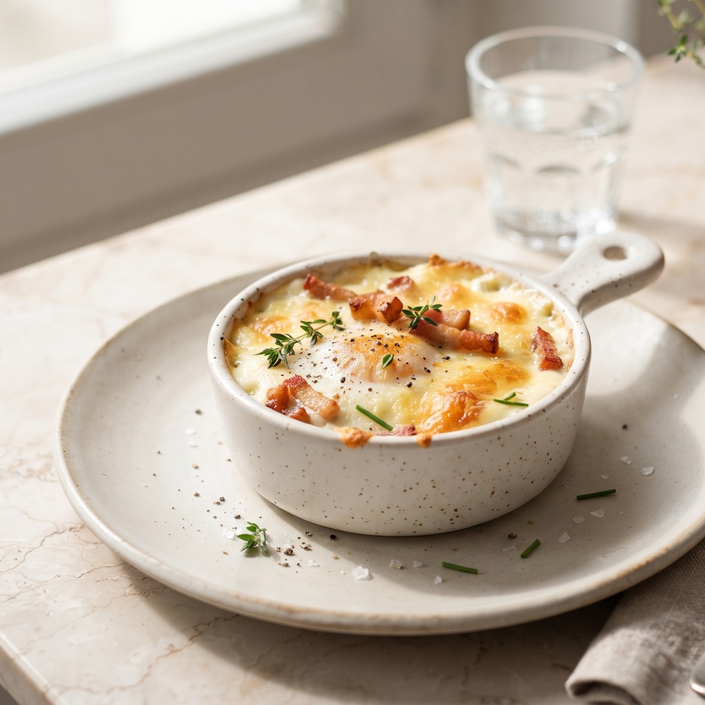 Œufs cocotte au comté et aux lardons
