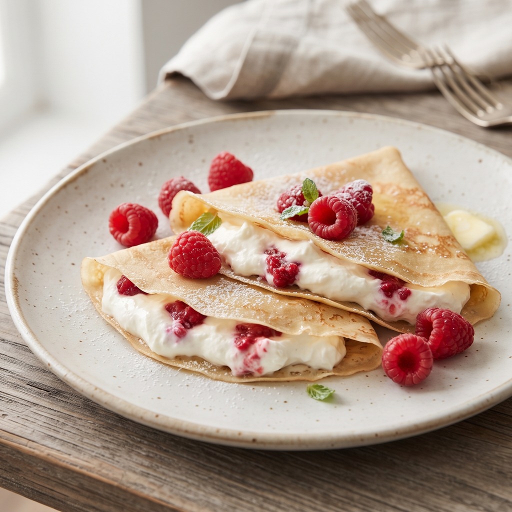 Crêpes fines au fromage à la crème et framboises