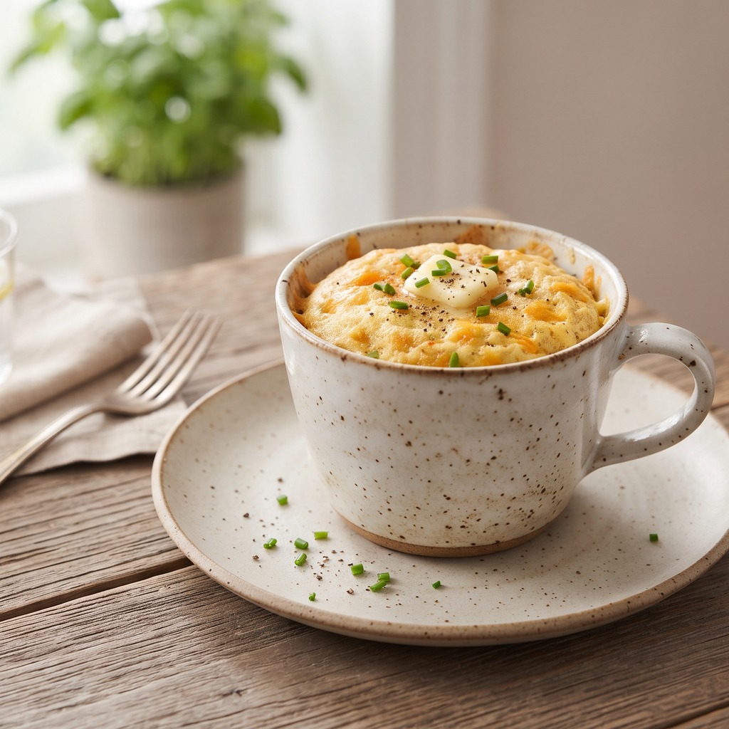 Mug cake salé au cheddar et à la ciboulette