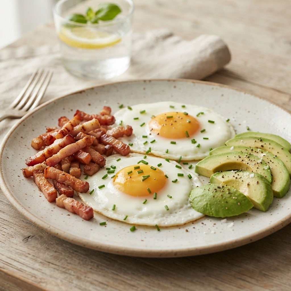 Lardons croustillants, œufs au plat et avocat