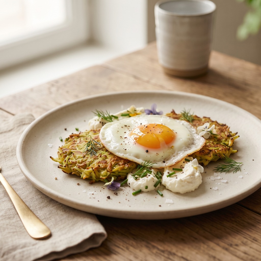 Galettes de courgette au chèvre, œuf au plat