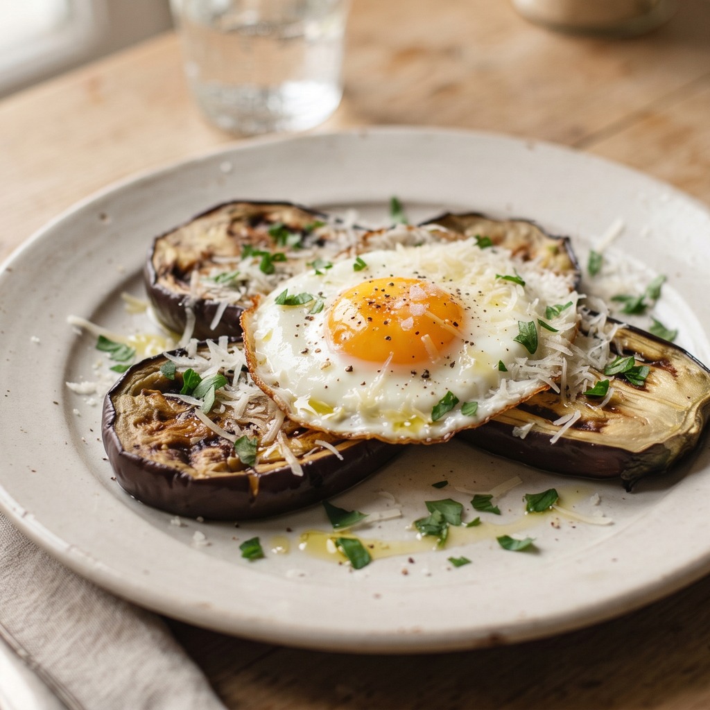 Tranches d'aubergine grillée, œuf et parmesan