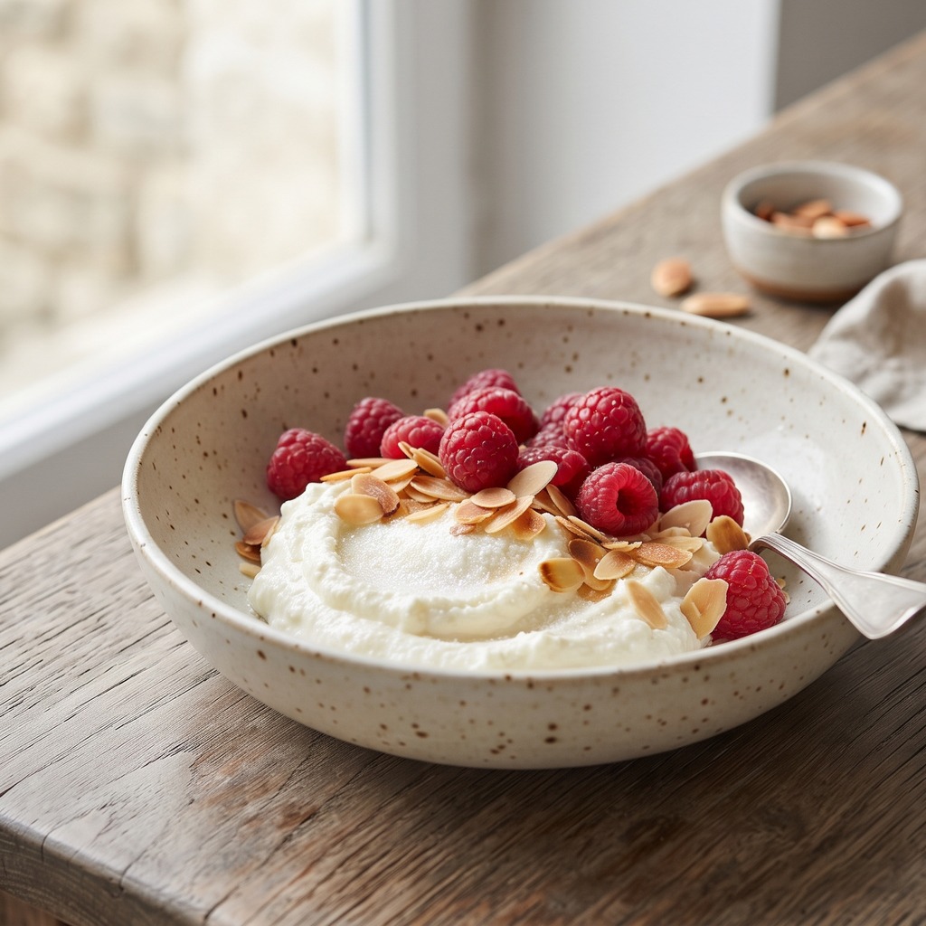 Ricotta, framboises et amandes effilées
