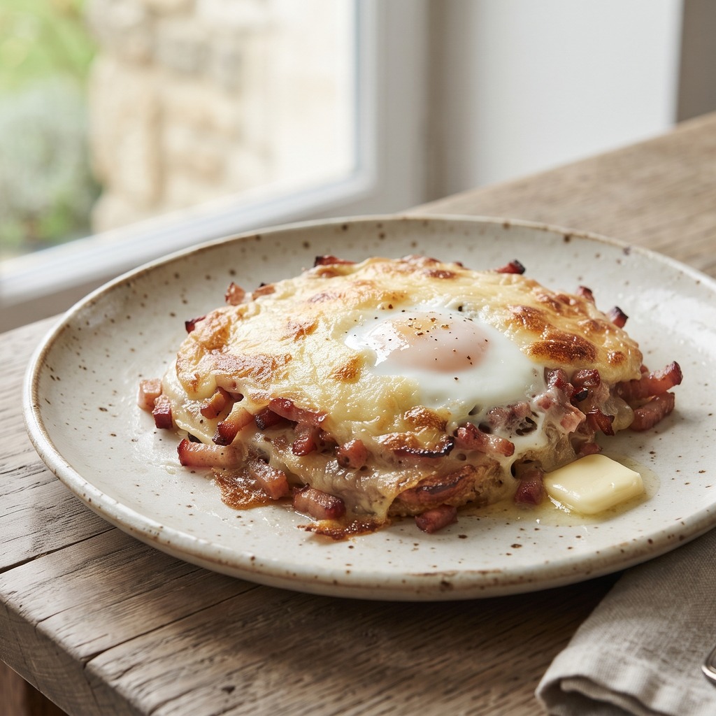 Croque sans pain, comté et lardons gratinés