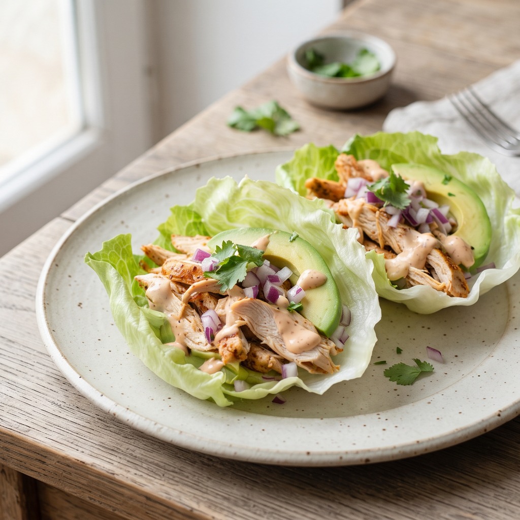 Wraps de laitue au poulet effiloché et avocat épicé