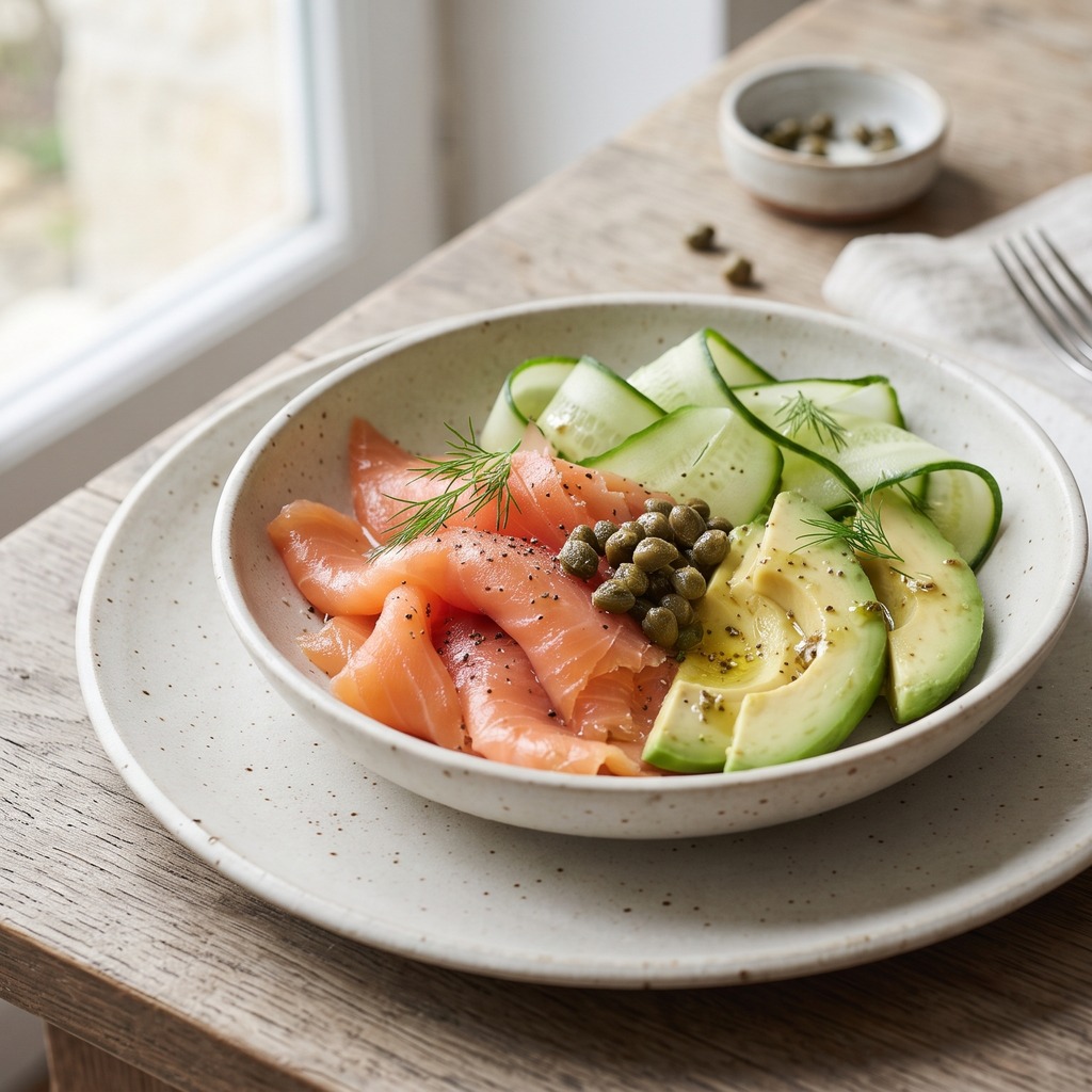 Bol de saumon fumé, avocat, concombre et câpres