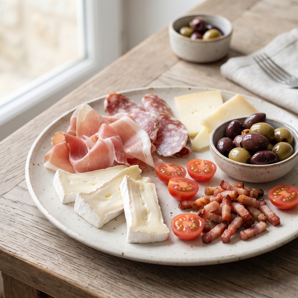 Assiette de charcuterie, fromages et olives