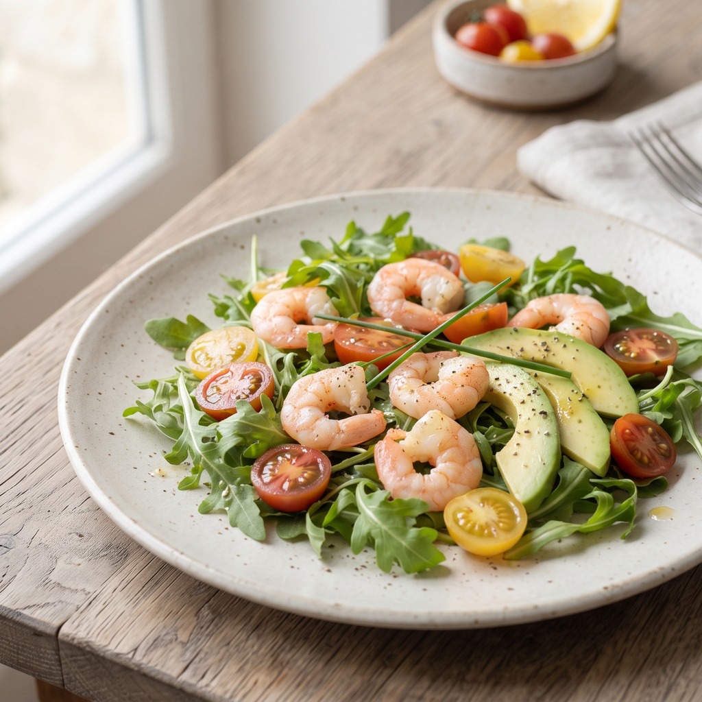 Salade de crevettes, avocat et tomates cerises