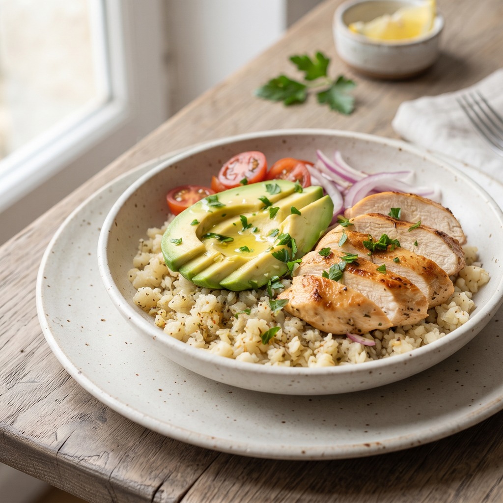 Bol de poulet, riz de chou-fleur et avocat