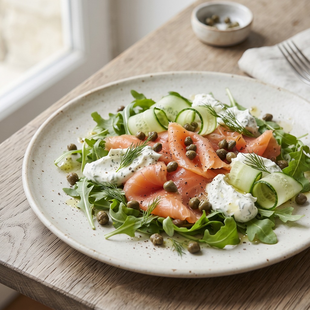 Salade de saumon fumé, câpres et fromage à la crème
