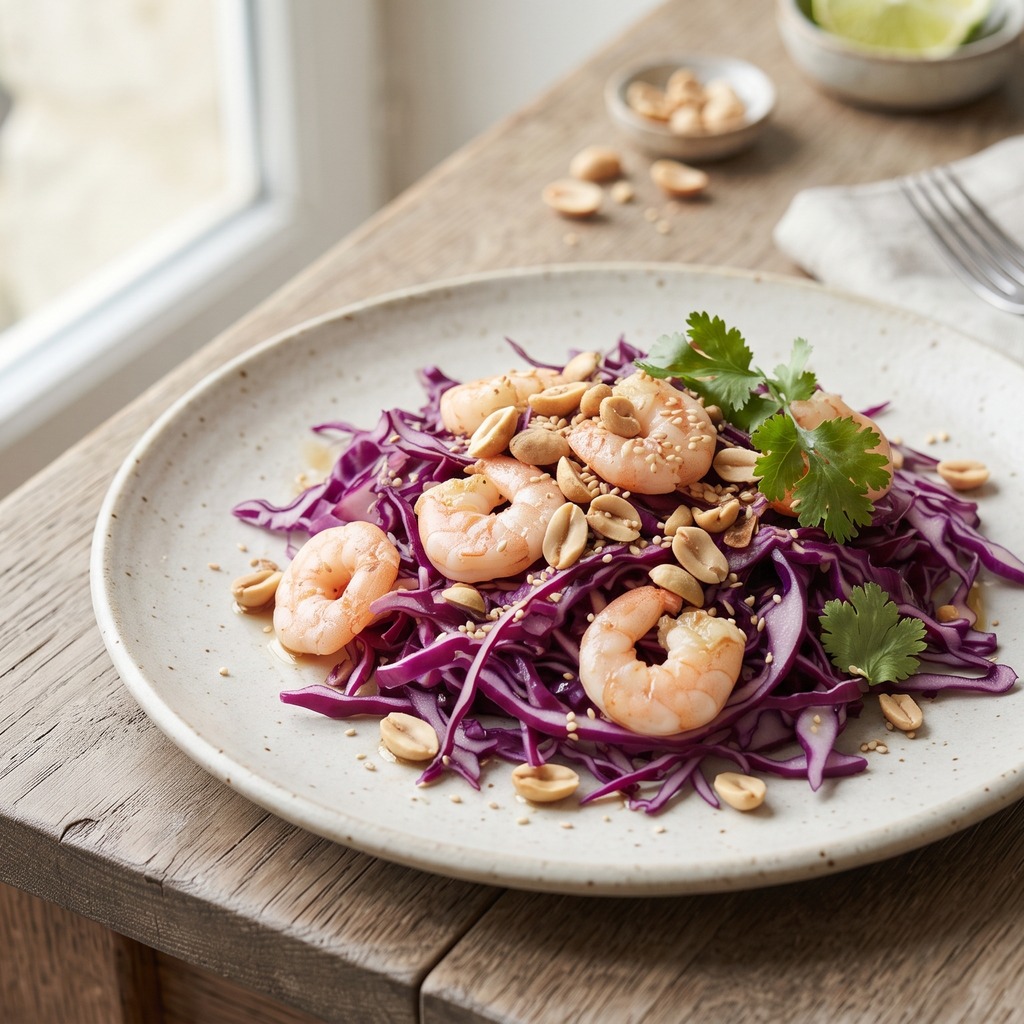 Salade de crevettes, chou rouge et cacahuètes