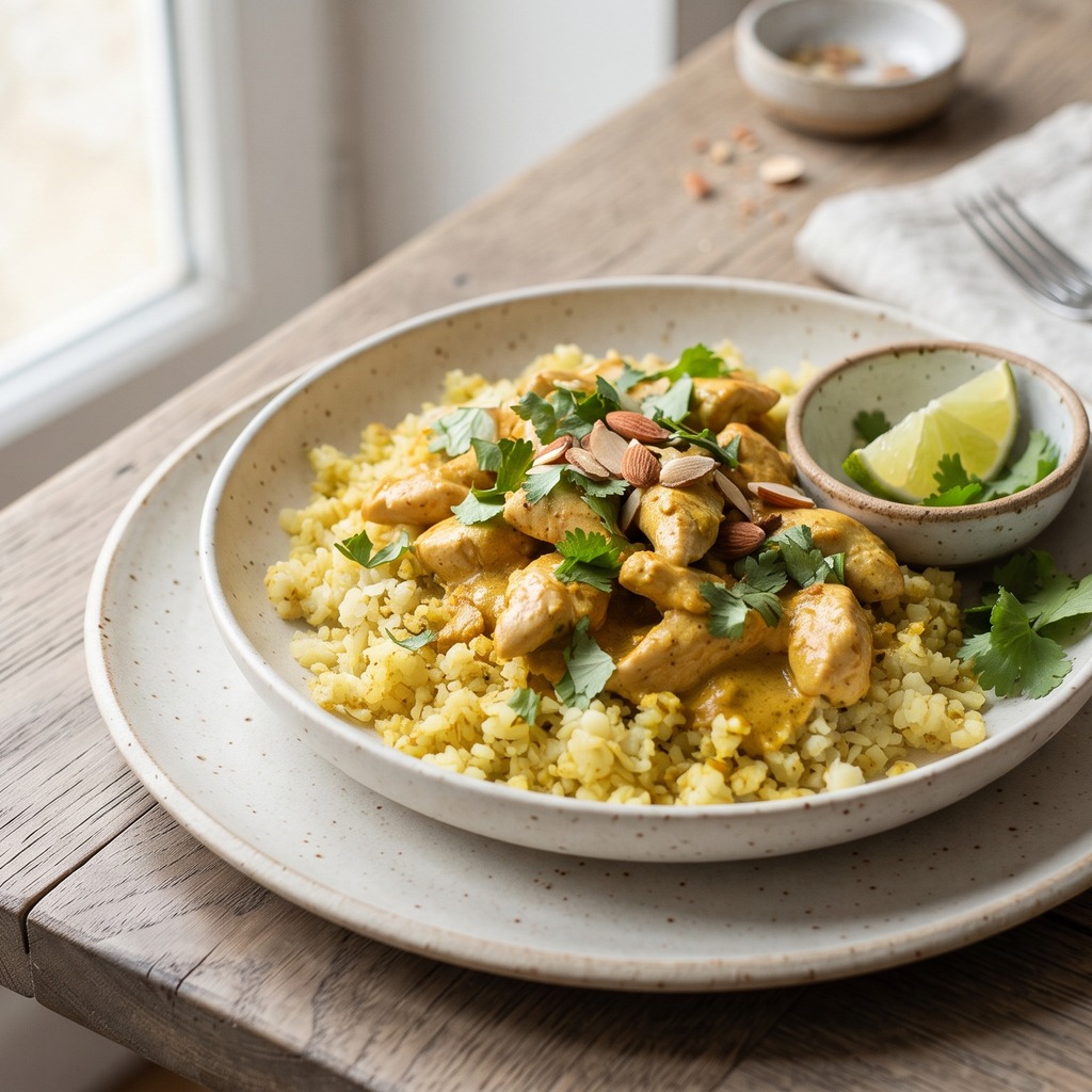 Bol de poulet au curry, riz de chou-fleur