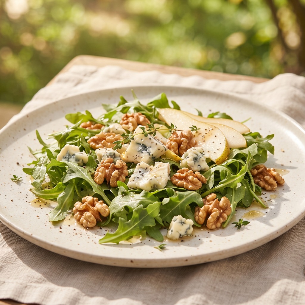 Salade de roquette au fromage bleu et noix