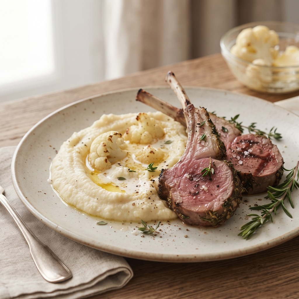 Côtelettes d'agneau grillées, purée de chou-fleur