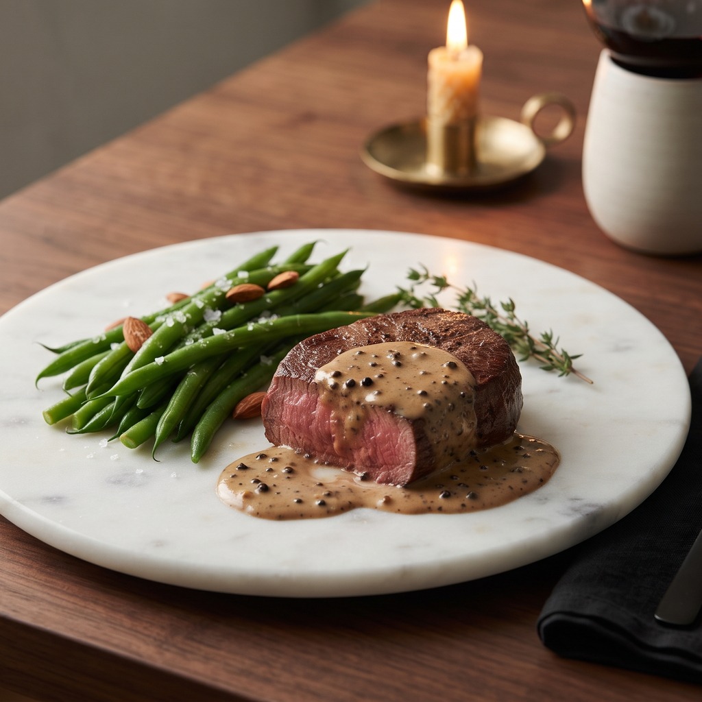 Filet de bœuf, sauce au poivre et haricots verts