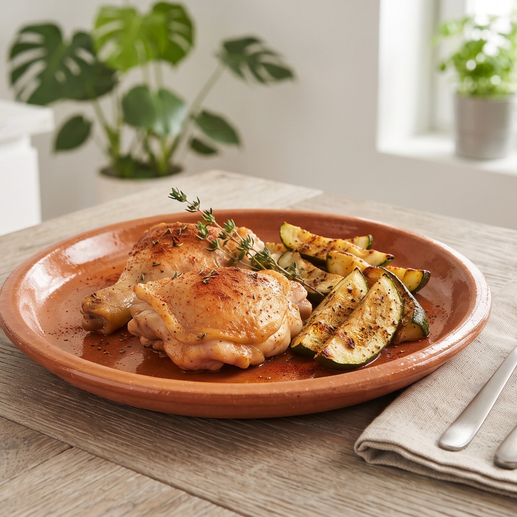 Cuisses de poulet au four, courgettes rôties