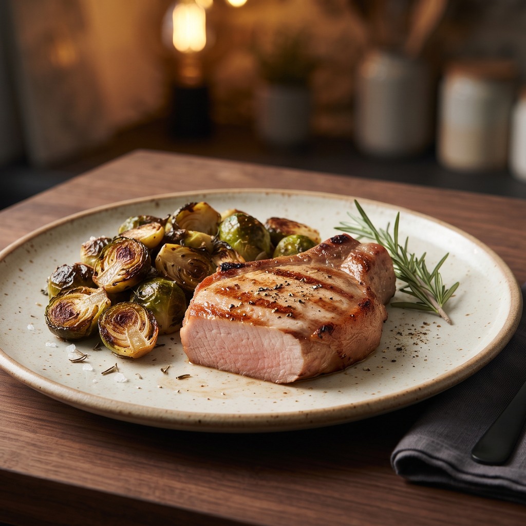Côte de porc grillée, choux de Bruxelles rôtis