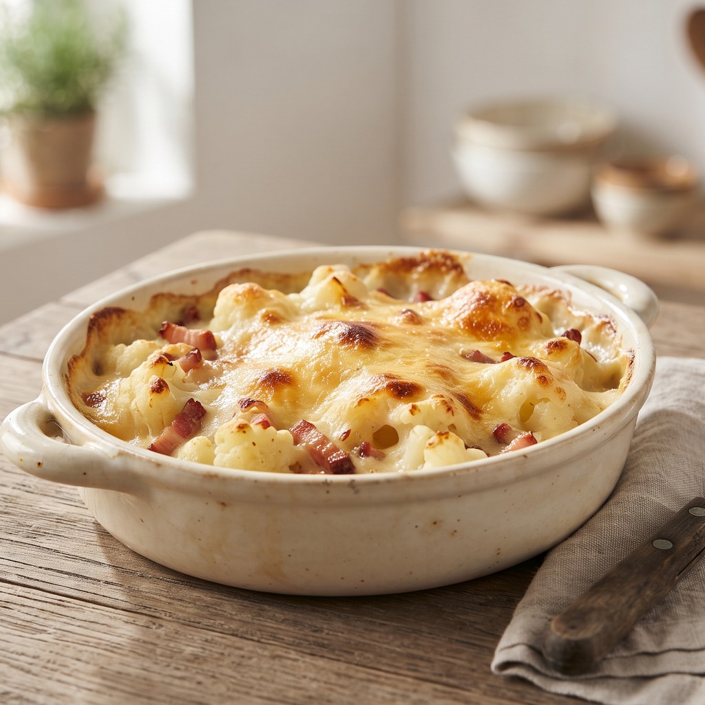 Gratin de chou-fleur, lardons et comté