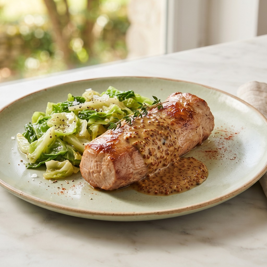 Filet de porc rôti, moutarde à l'ancienne et chou vert