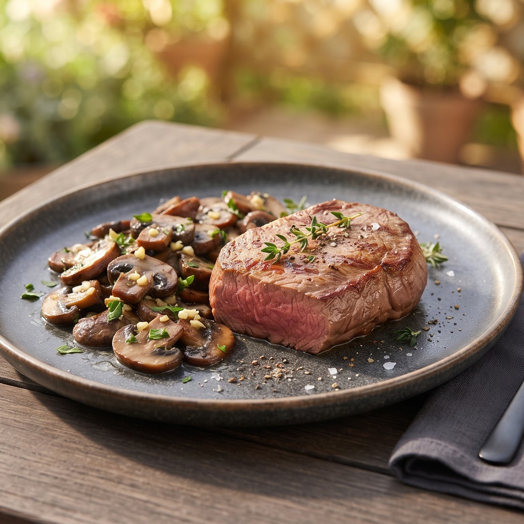 Filet de bœuf grillé, champignons à l'ail