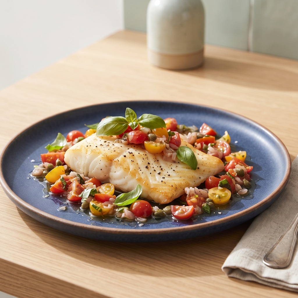 Flétan poêlé, sauce vierge tomate-basilic